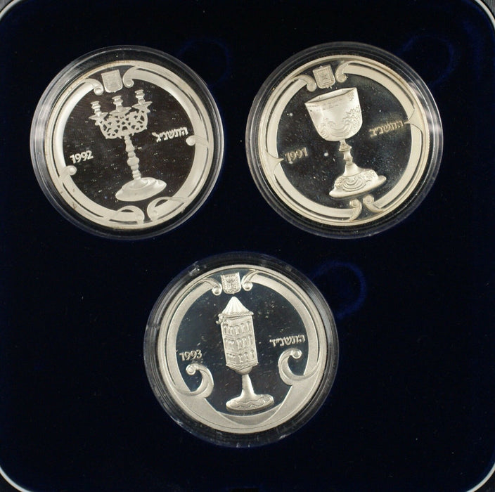 1991-93 Israel Judaic Art 2 Sheqalim 3 Coin Silver Proof Set with Box & COA