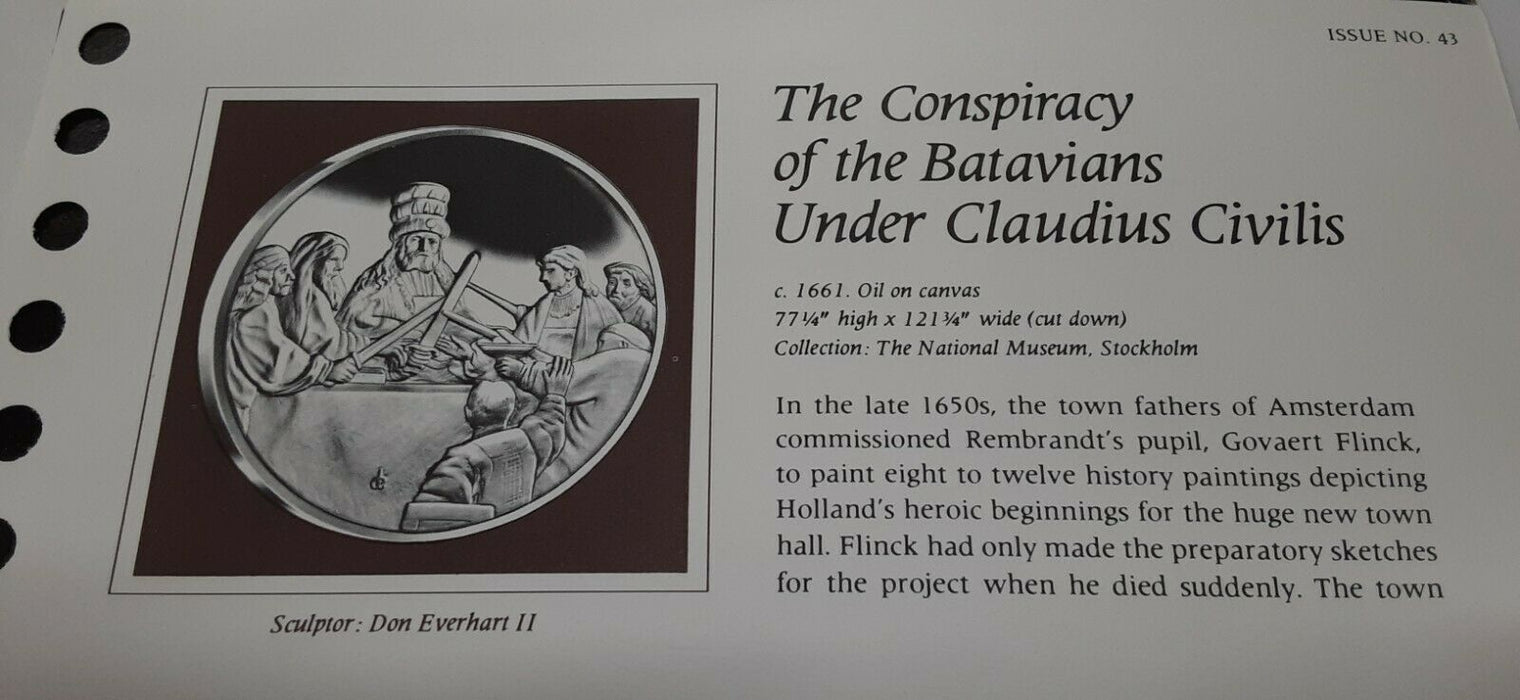 Franklin Mint Genius/Rembrandt PR .925 Silver Medal-Conspiracy Batavians in Card