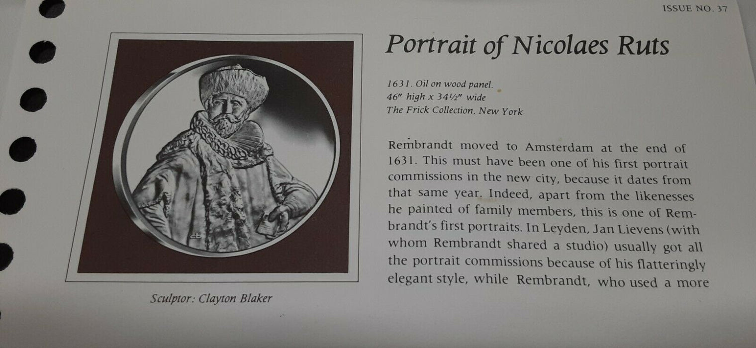 Franklin Mint Genius/Rembrandt PR .925 Silver Medal-Nicolaes Ruts in Card