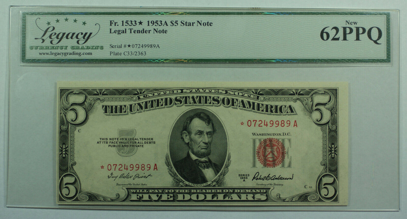 1953-A $5 Five Dollar Legal Tender US *STAR* Note Fr. 1533* Legacy New 62 PPQ
