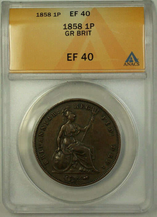 1858 Great Britain 1 Penny Coin Queen Victoria ANACS EF 40
