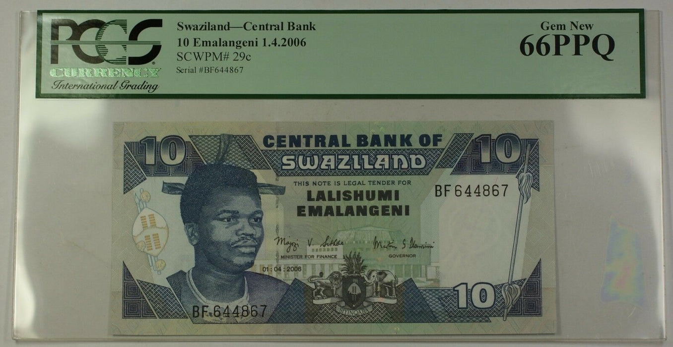 1.4.2006 Swaziland Central Bank 10 Emalangeni Note SCWPM#29c PCGS Gem New 66 PPQ