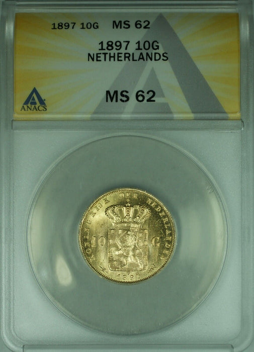1897 Netherlands 10 Guilder Gold Coin ANACS MS-62