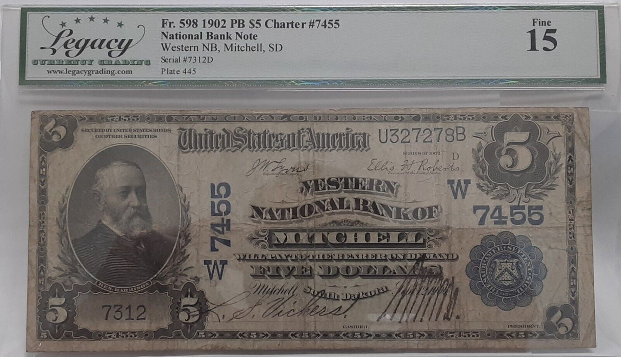 1902 $5 National Currency PB West Nat'l Bank Mitchell SD CH#W-7455 Legacy F-15