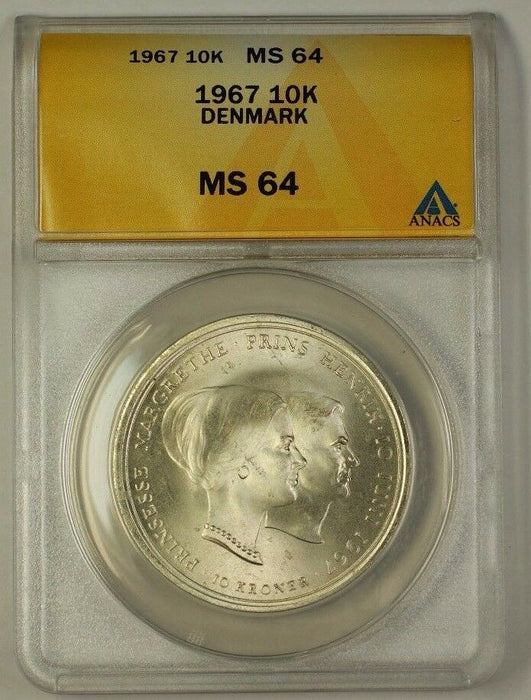 1967 Denmark Ten Kroner 10k Silver Coin ANACS MS-64 Very Choice