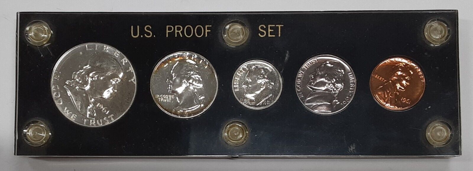 1961 Proof Set 5 Coins w/90% Silver Half, Quarter, & Dime in Black Holder