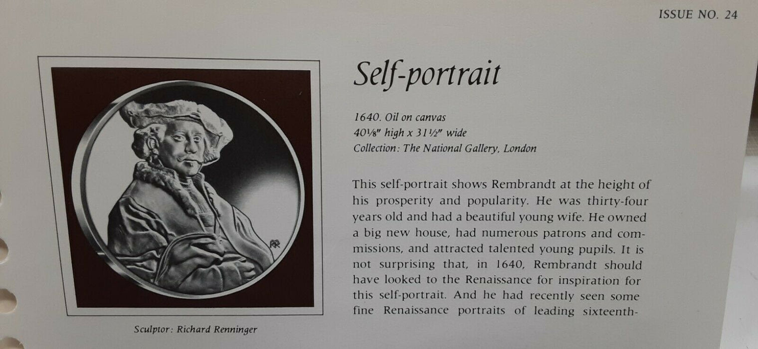 Franklin Mint Genius/Rembrandt PR .925 Silver Medal-Self-Portrait in Card