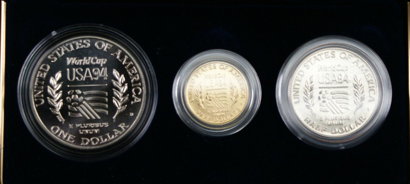 1994 US Mint World Cup Commemorative 3 Coin BU $5 Gold $1 Silver Clad Half OGP