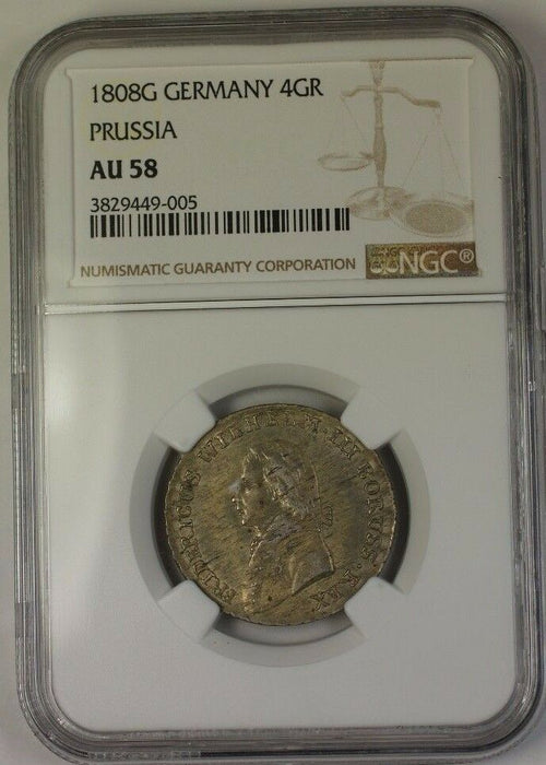 1808-G Germany 4 Groschen Silver Coin Prussia NGC AU-58 SC