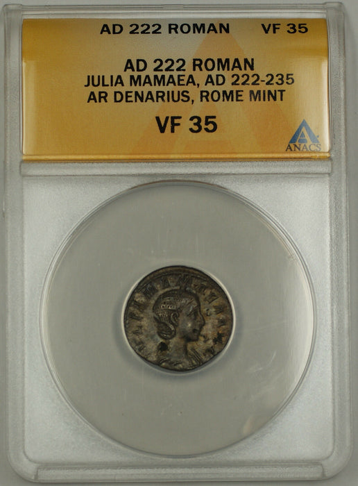 AD 222 Roman Silver Denarius Coin Julia Mamaea Rome Mint ANACS VF-35 AKR