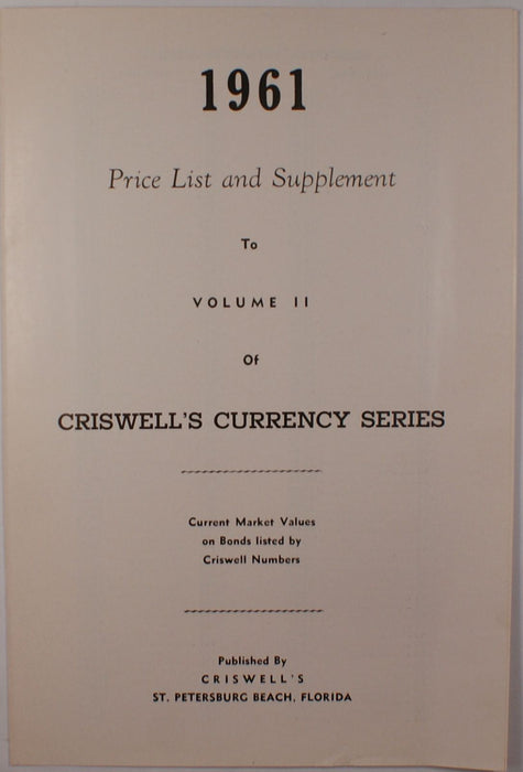 Genuine 1961 Price List and Supplement to Volume 2 of Criswell's Currency Series