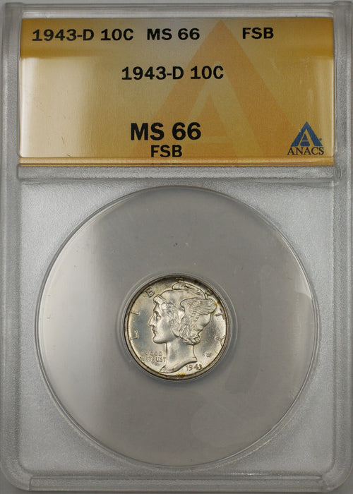 1943-D Silver Mercury Dime 10C ANACS MS-66 Full Split Bands (Light Toning 11 D)