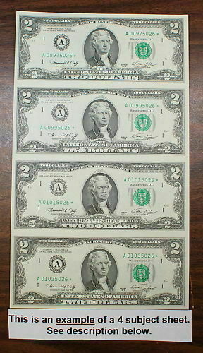 1995 4 Subject Uncut $2 Sheet Federal Reserve Notes *FG* Block Letters fw
