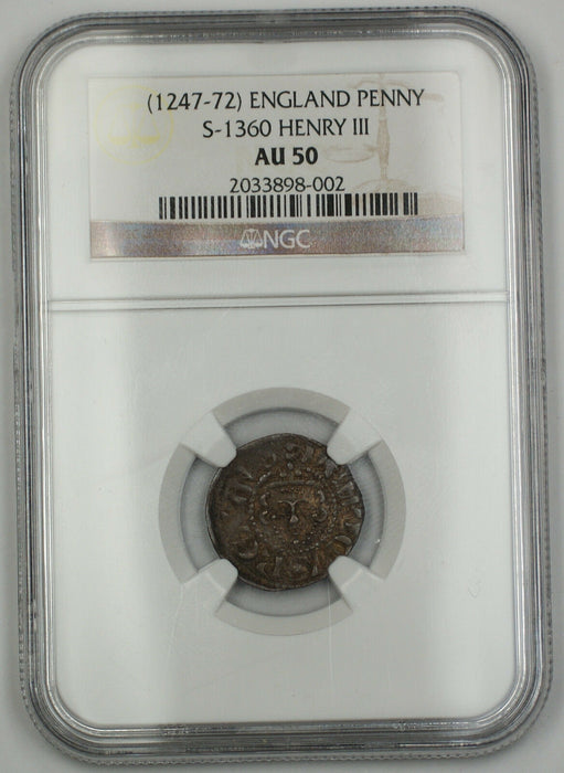 1247-72 England Long Cross Penny Silver Coin S-1360 Henry III NGC AU-50 AKR