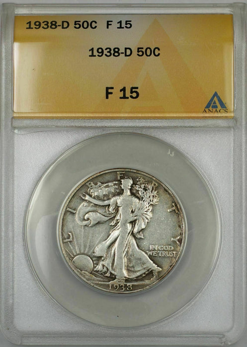 1938-D Walking Liberty Half Dollar Coin 50C ANACS F 15