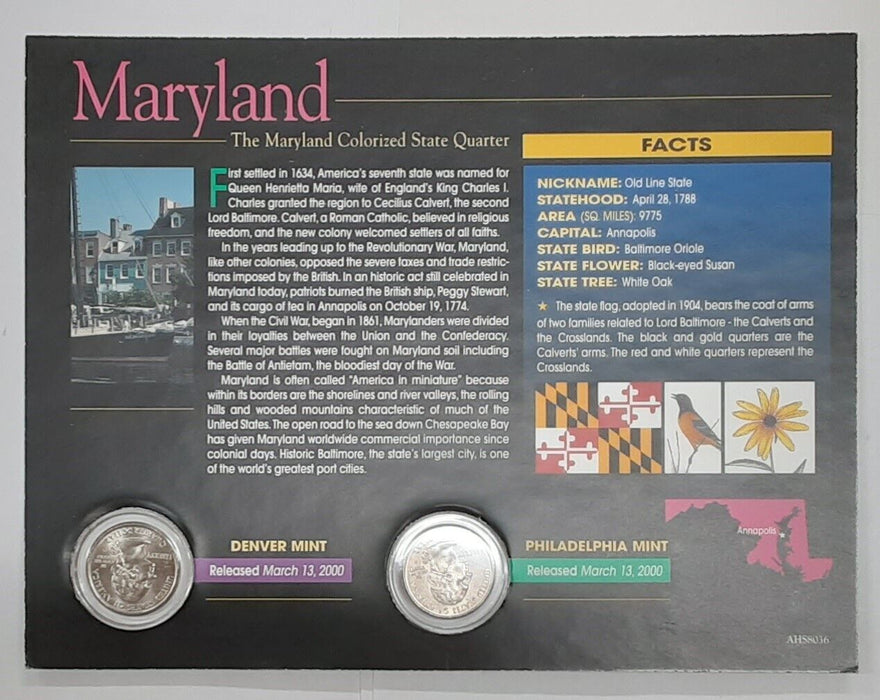 (2) 2000 Maryland Colorized State Quarter P&D-BU-w/Colorful Display Card