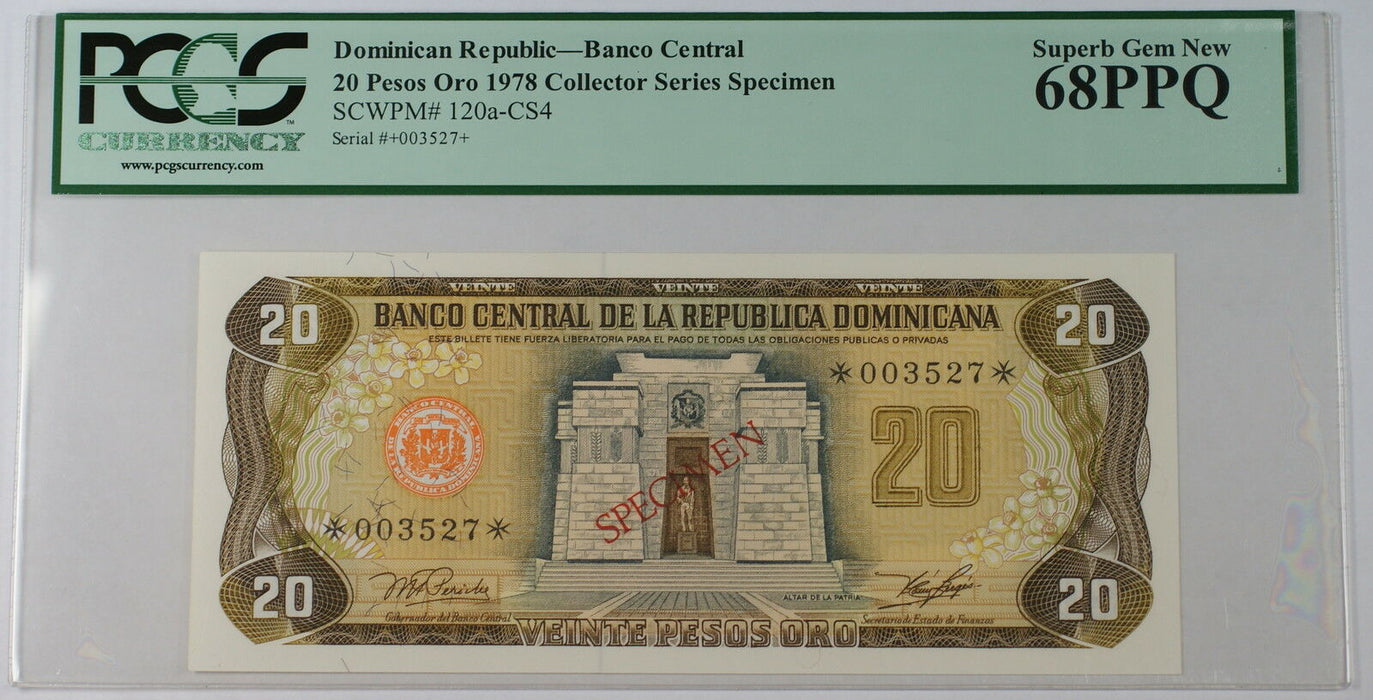1978 Dominican Republic 20 Pesos Oro Specimen Note SCWPM# 120a-CS4 PCGS 68 PPQ