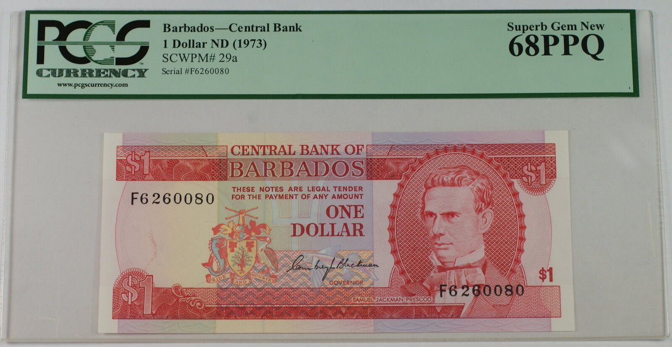(1973) Barbados Central Bank 1 Dollar Note SCWPM# 29a PCGS 68 PPQ Superb Gem New