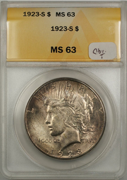 1923-S Peace Silver Dollar Coin $1 ANACS MS 63 Obverse Toning