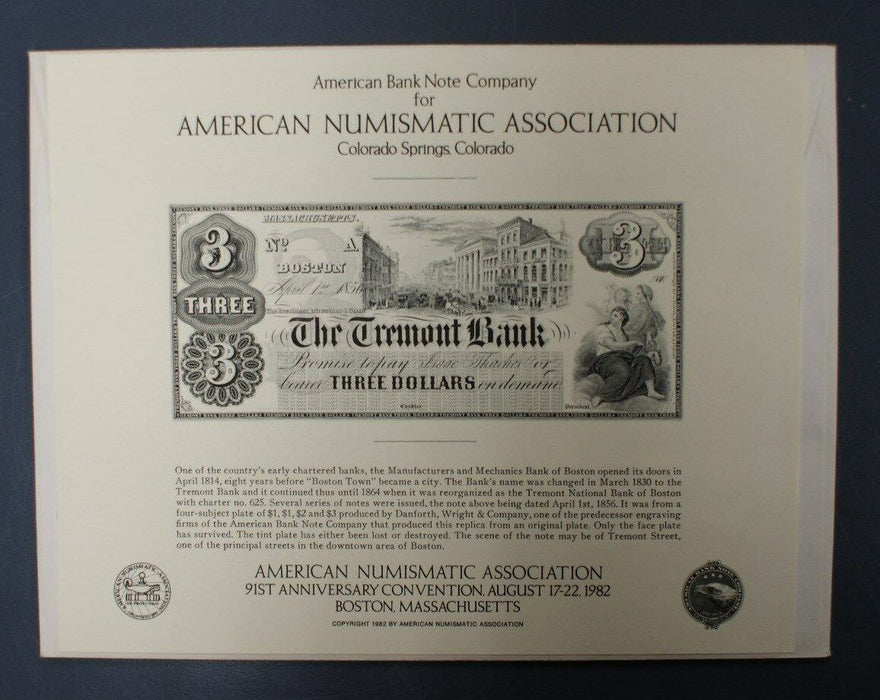 souvenir card SO 25 ANA 1982 Face $3 Tremont Bank of Boston, MA obsolete