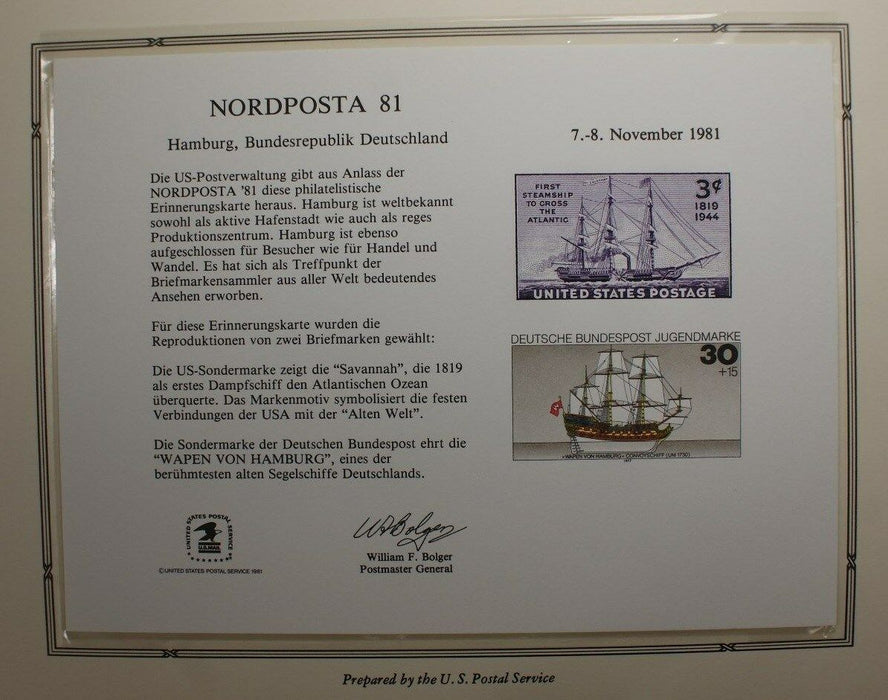 souvenir card PS 37 Nordposta 1981 1944 3¢ Steamship Savannah stamp