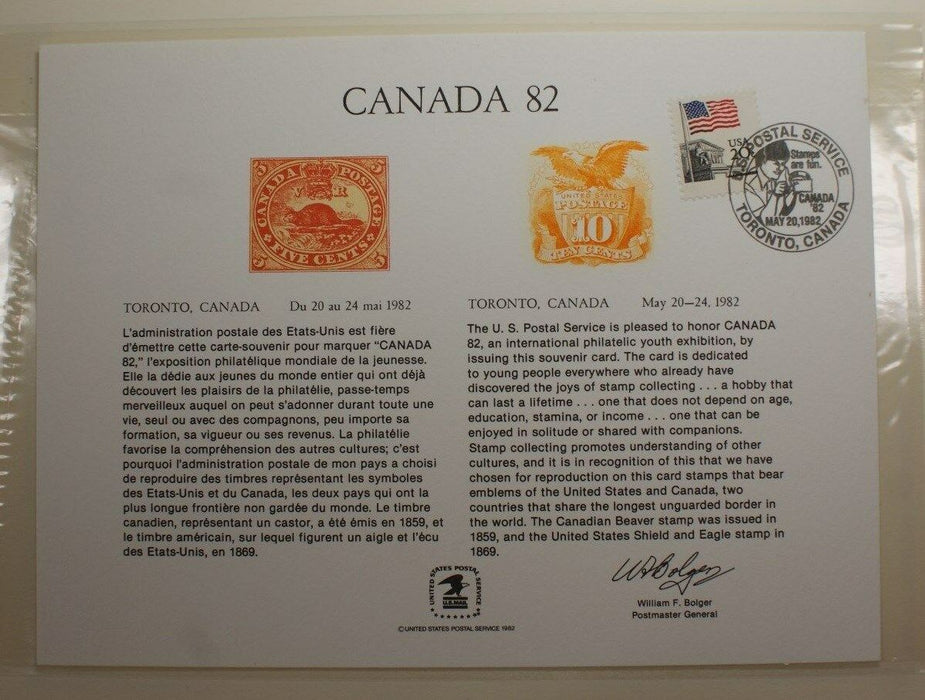 souvenir card PS 38 Canada 1982 1869 10¢ Shield and Eagle stamp Show cancelled