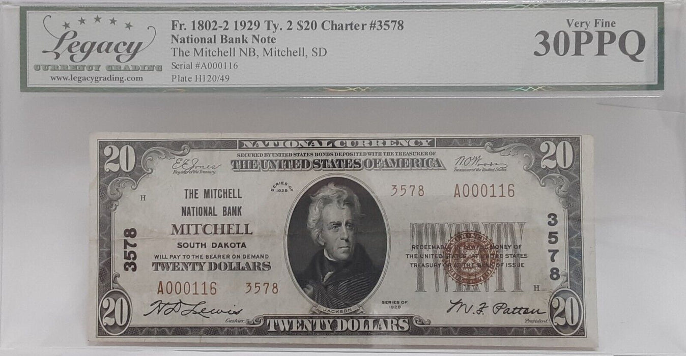1929 $20 National Currency Ty2 Mitchell NB, Mitchell SD CH#3578 Legacy VF-30PPQ