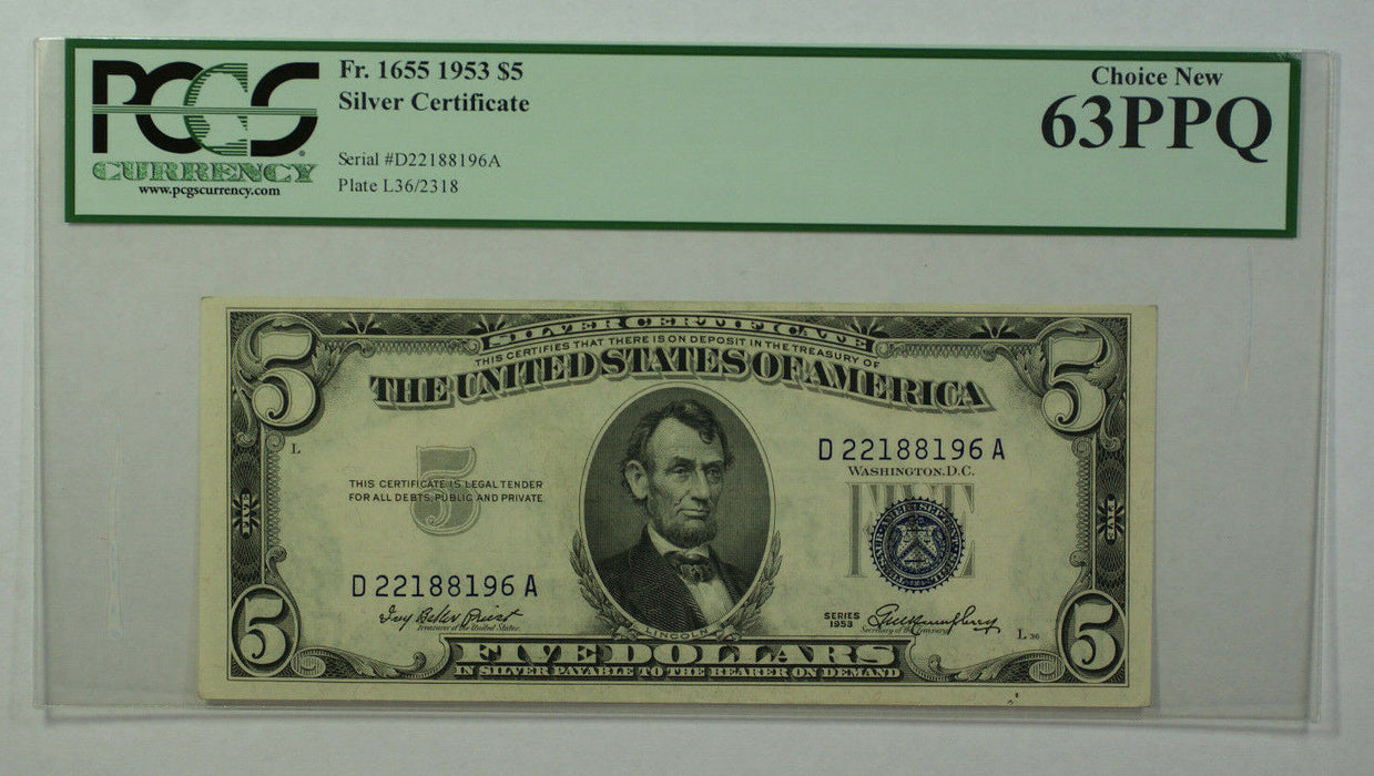 1953 $5 Bill Silver Certificate Note Currency PCGS 63PPQ Fr. 1655 (A)