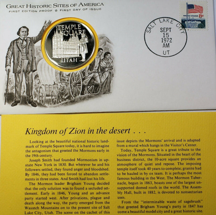 1972 Temple Square Utah Great Historic Sites Medal Proof Silver First Day Cover