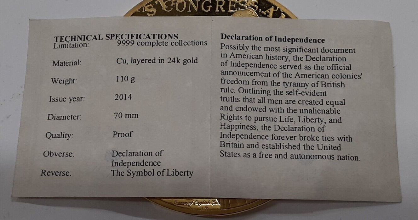 American Mint Declaration of Independence Gold Plated Medal - Proof W/COA