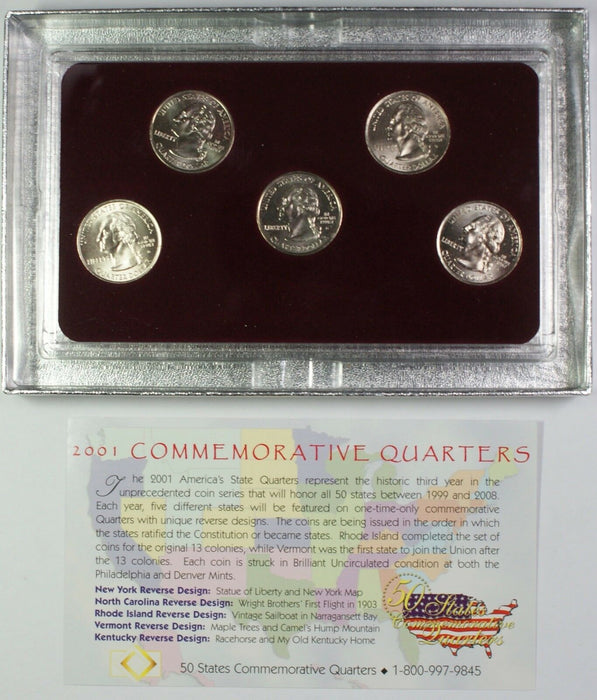 2001 Commemorative Quarters Set 5 Coins Total in Case W/ COA Denver Mint