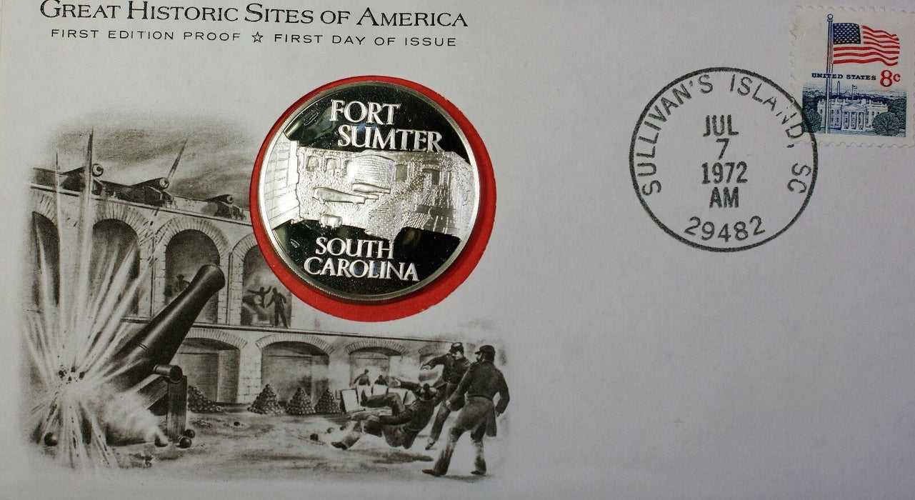 1972 Fort Sumter SC Great Historic Sites Medal Proof Silver First Day Cover