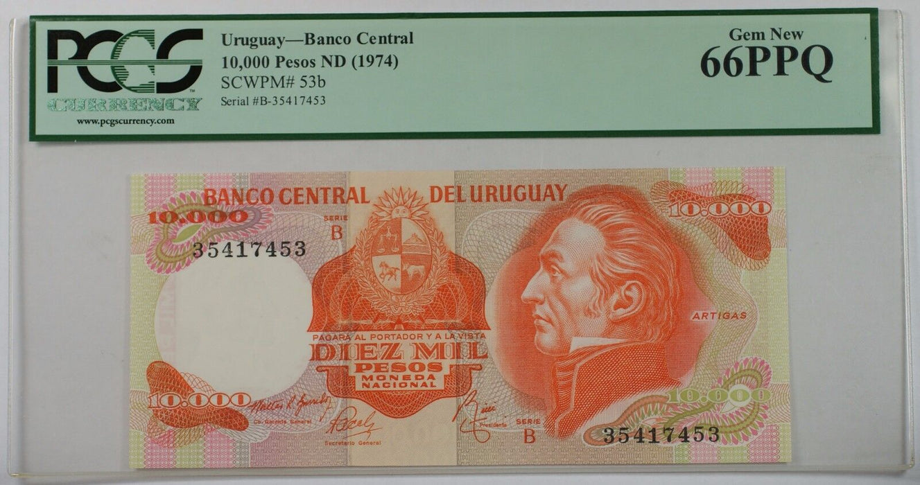 (1974) Uruguay Banco Central 10,000 Pesos Note SCWPM# 53b PCGS 66 PPQ Gem New