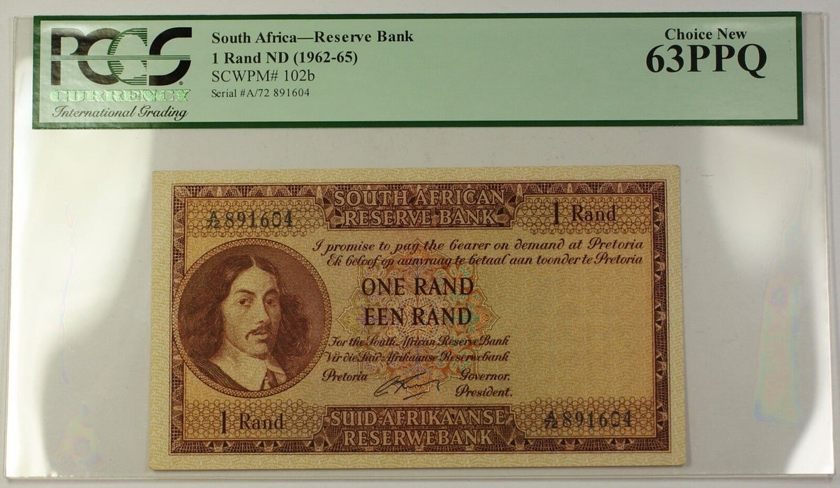 (1962-65) No Date South Africa 1 Rand Bank Note SCWPM# 102b PCGS Choice 63 PPQ