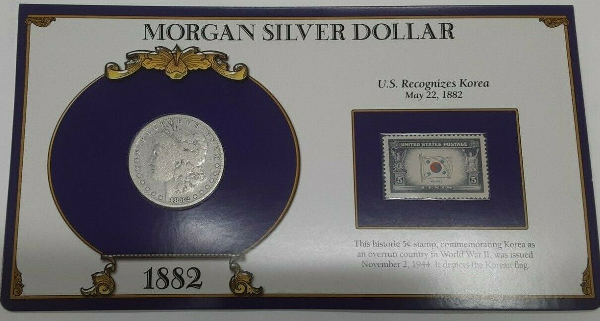 1882 Morgan Silver Dollar Coin W/Stamp in Holder - US Recognizes Korea