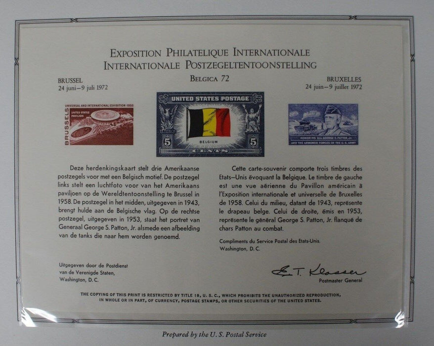 souvenir card PS 5 Belgica 1972 Brussels WF Belgium and Patton stamps