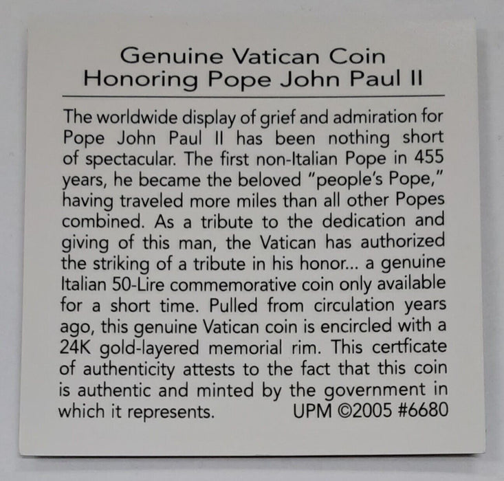 Vatican City 2000 50 Lire BU Coin of Pope John Paul II in Gold Plated Outer Ring