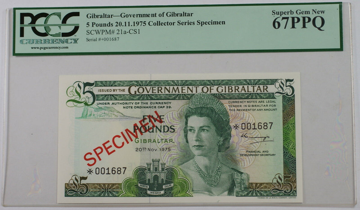 20.11.1975 Gibraltar 5 Pounds Specimen Note SCWPM#20a-CS1 PCGS 67 PPQ Superb Gem