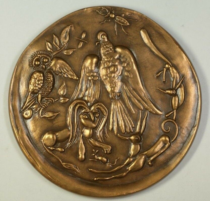 Large Bronze French Medal Designed By Belo "Aesop's Fables" Lion Owl In Case F