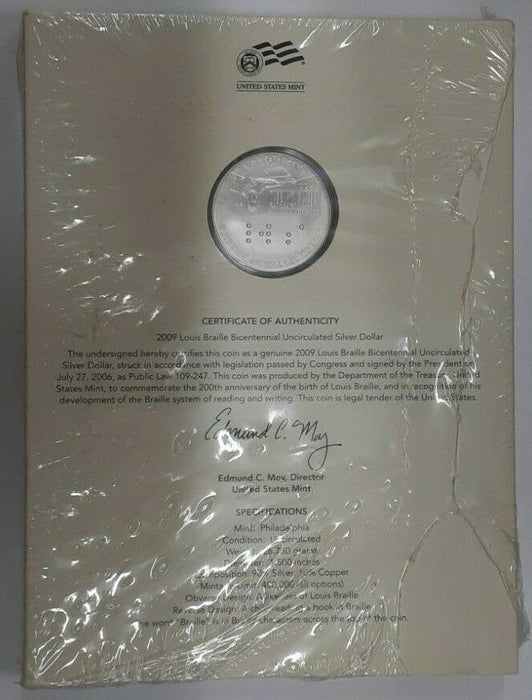 2009-P US Mint Louis Braille Silver Commem UNC Dollar Education Set in Box w/COA