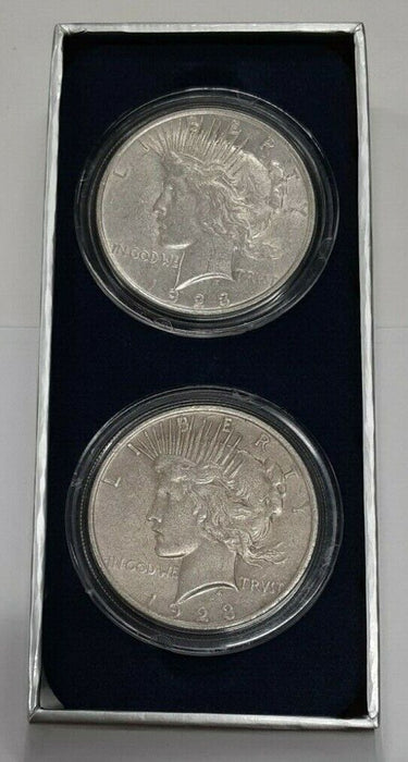 Pair of 1923 Peace Silver Dollars in Capsules and Box - Circulated