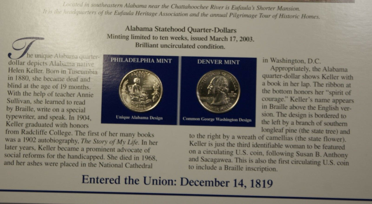 2003 Alabama P&D Quarter for Anniversary of Statehood Bonus Stamp