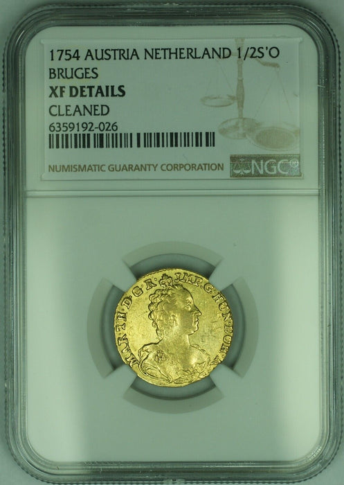 1754 Austrian Netherlands 1/2 Souverain Gold Coin  NGC XF Details - Cleaned