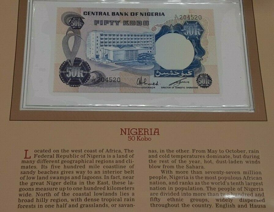 Fleetwood 1973 Nigeria 50 Kobo Note Crisp Uncirculated in Historic Info Card
