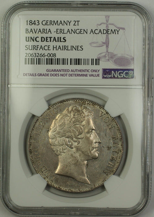 1843 Germany Bavaria Erlangen Academy Silver 2T Two Talers Coin NGC UNC Details