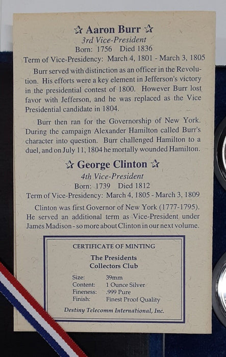 Presidents Collectors Club Vol 3 Jefferson/Burr/Clinton Pair of 1oz Silver Rds