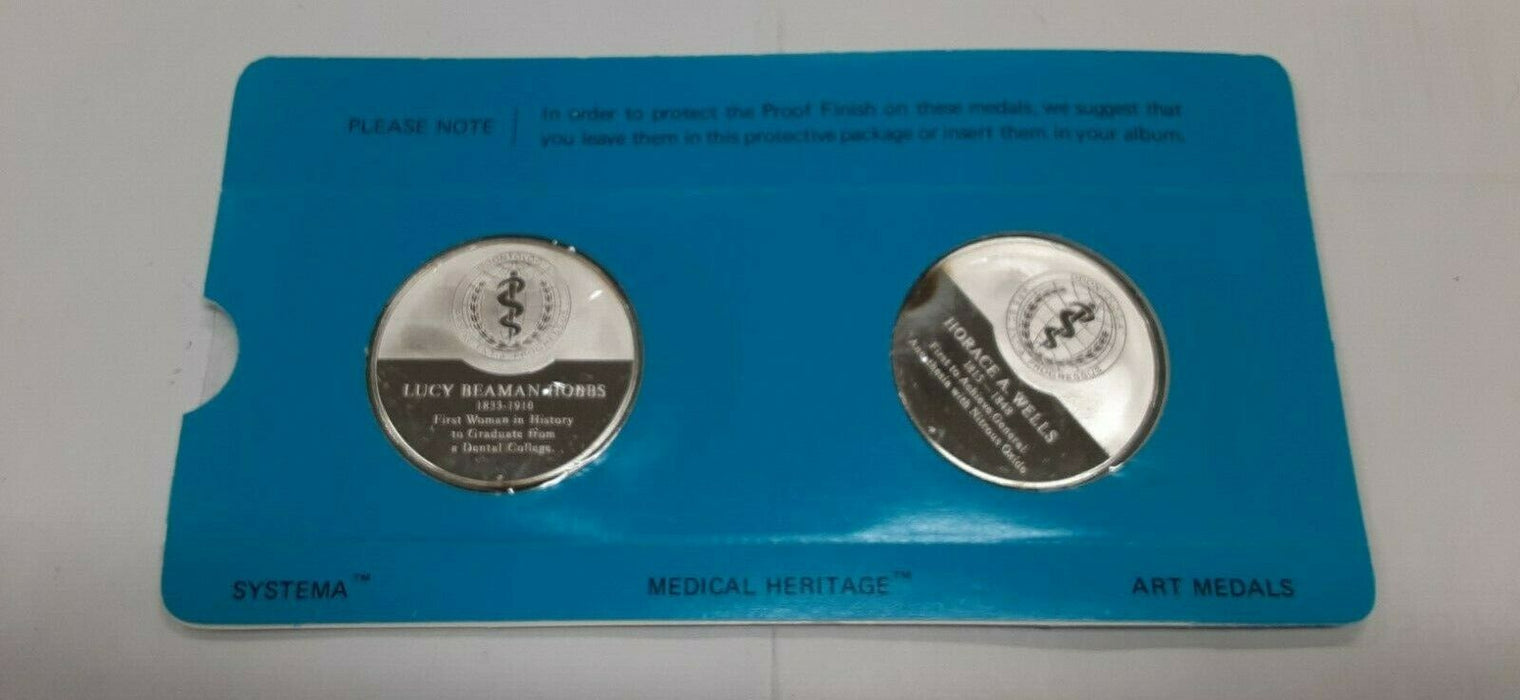 History of Dentistry .925 Silver PF Medals Franklin Mint- L.Hobbs/H.Wells
