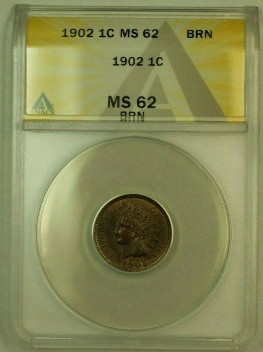 1902 Indian Head Cent Penny 1c ANACS MS-62 BRN BN (Choice for Grade)