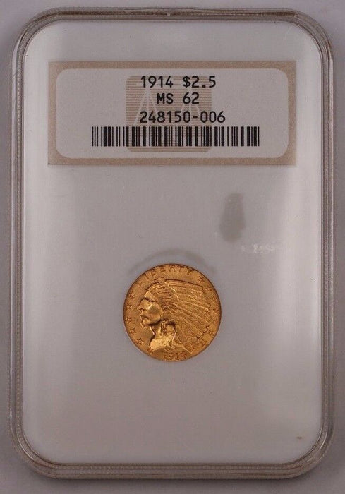 1914 Quarter Eagle Gold Coin $2.50 NGC MS-62 Brilliant Uncirculated