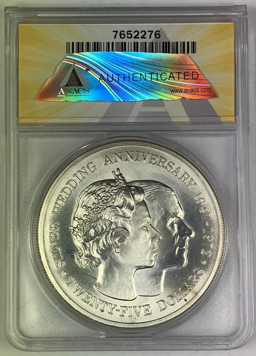 1972 $25 Cayman Island Silver Coin, Wedding Anniversary ANACS MS 66
